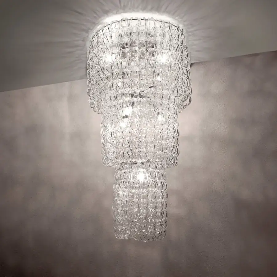 Distinguished Vistosi Giogali suspension lamp crafted in hundreds of handmade Murano glass hooks with a clear, subtly white appearance