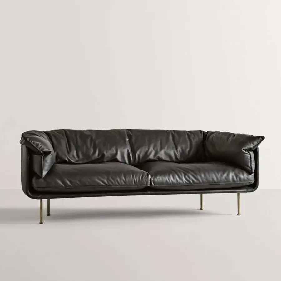 Superior Frag Winnie sofa upholstered in lavish black leather with a subtle matte finish and slender gold-toned legs
