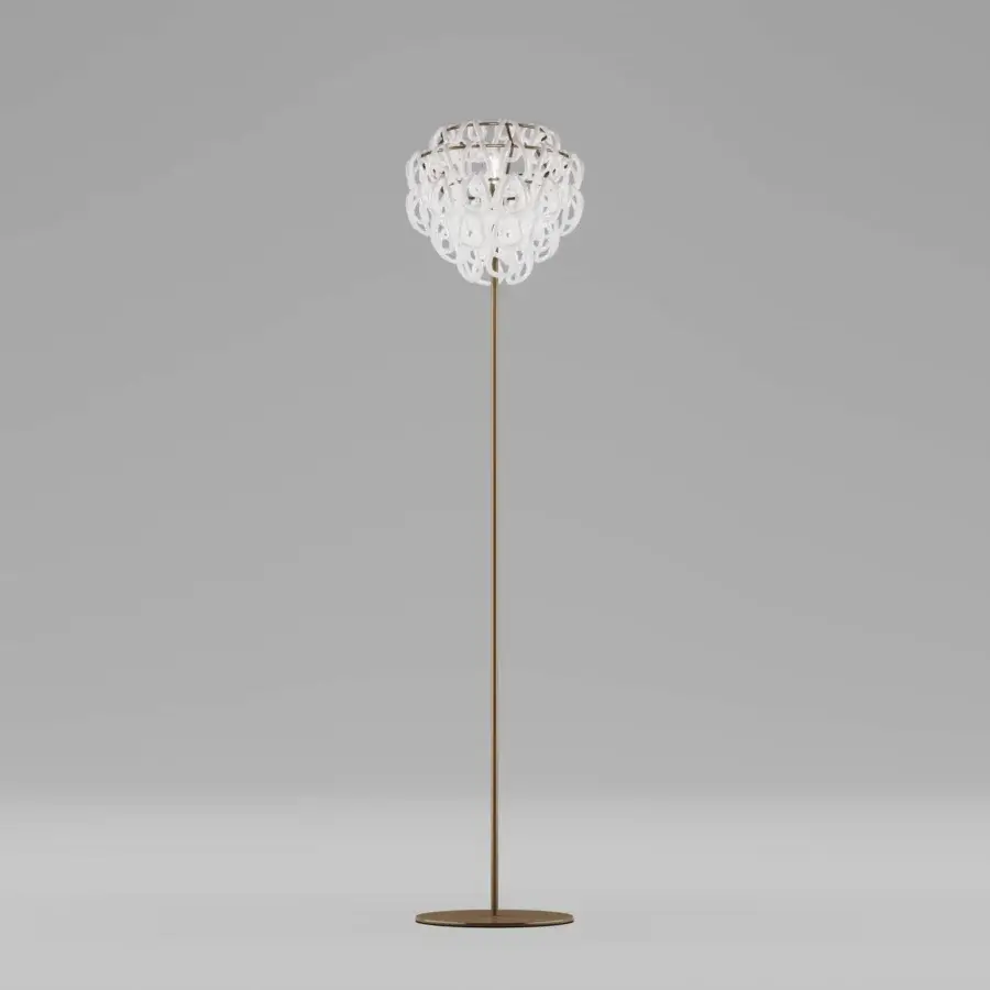Exceptional Vistosi Giogali floor lamp crafted in bright white Murano glass with a warm golden satin finish