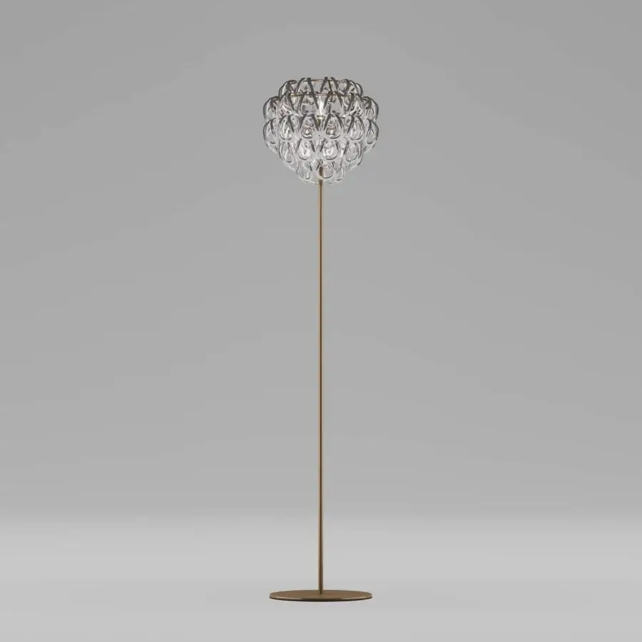 Exceptional Vistosi Giogali floor lamp crafted with golden satin metal and hand-blown Murano glass hooks for brilliant sparkle