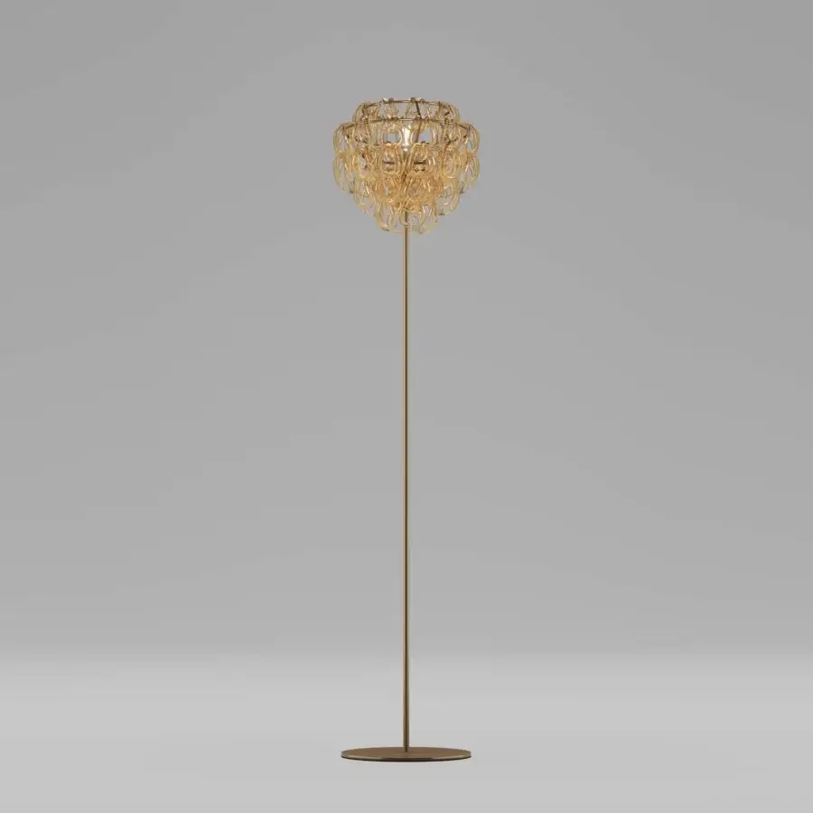 Elegant Vistosi Giogali floor lamp with cascading shades of hand-blown Murano glass and warm gold finish