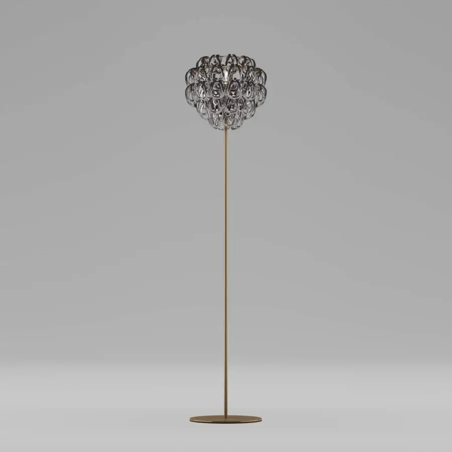 Exceptional Vistosi Giogali floor lamp crafted in hand-blown Murano glass with brushed gold-toned metal and cascading glass spheres