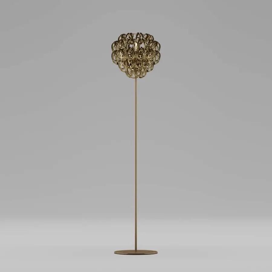 Elegant Vistosi Giogali floor lamp built in hand-blown Murano glass and metal with warm gold satin finish