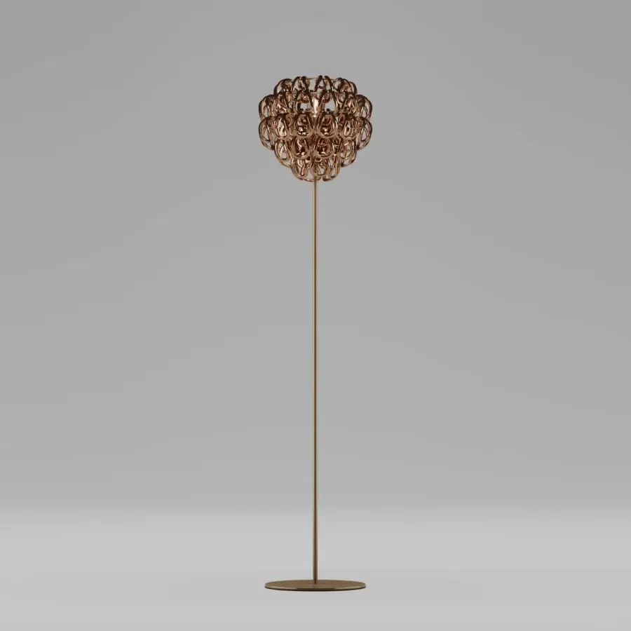 Exceptional Vistosi Giogali floor lamp crafted in golden metal with interconnected hand-blown Murano glass hooks creating a brilliant silhouette