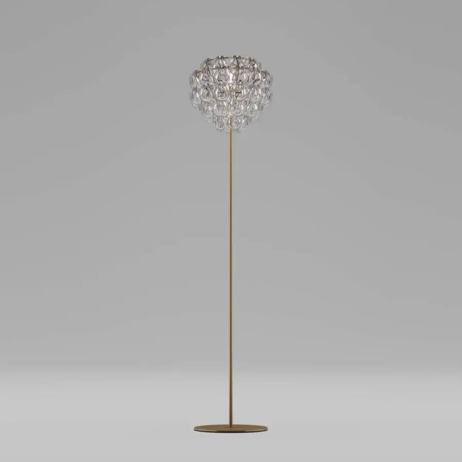 Lavish Vistosi Giogali floor lamp built in cascading clear Murano glass hooks with a gold-toned metal stem and circular base