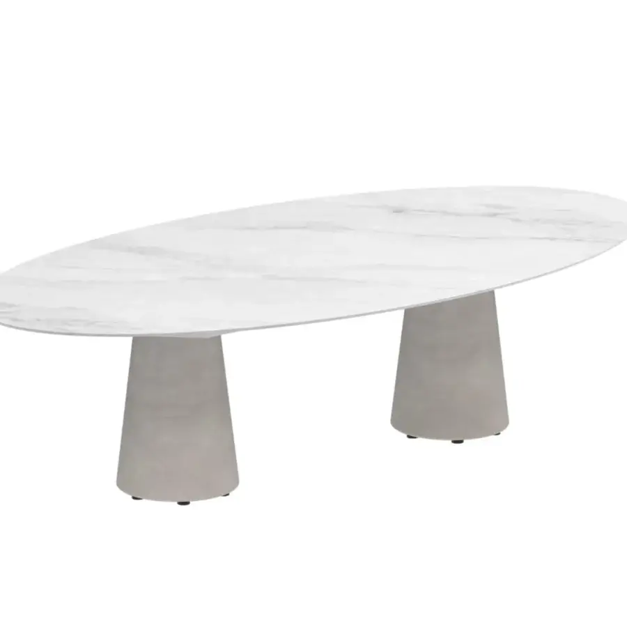 Superior Royal Botania Conix table with white and gray veined ceramic top and light gray matte Ductal® concrete bases