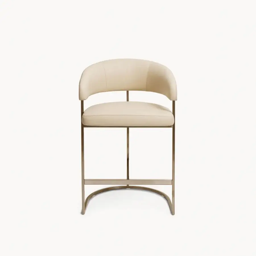 Lavish Visionnaire Clem stool crafted with a squared brass pipe frame and upholstered in light beige textile with satin finish
