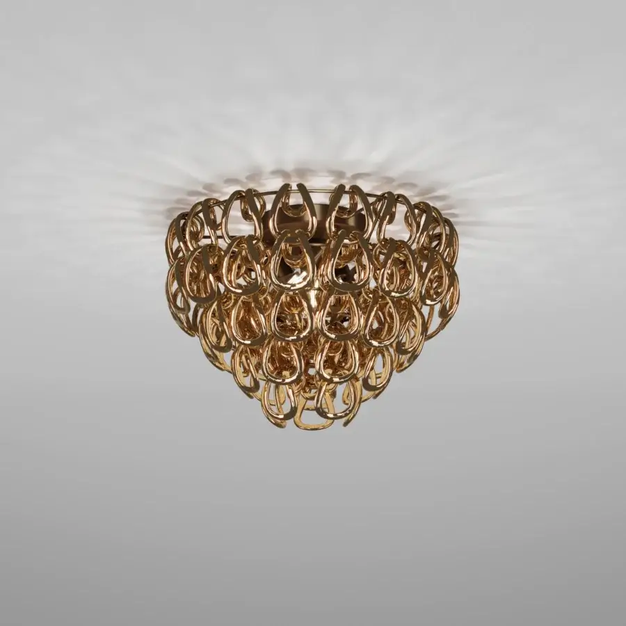 Exceptional Vistosi Giogali ceiling lamp crafted in interconnected hand-blown glass with a glossy golden metal finish
