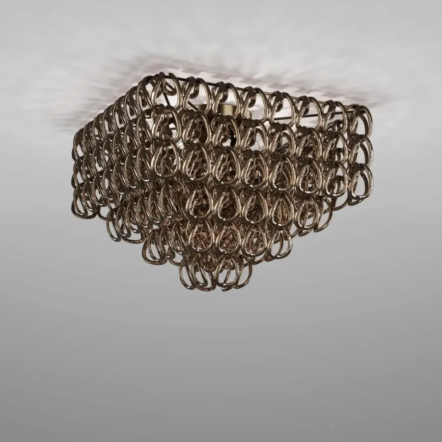Superior Vistosi Giogali ceiling lamp crafted in brassy bronze-toned metal with hand-blown glass hooks offering a reticular tissue design