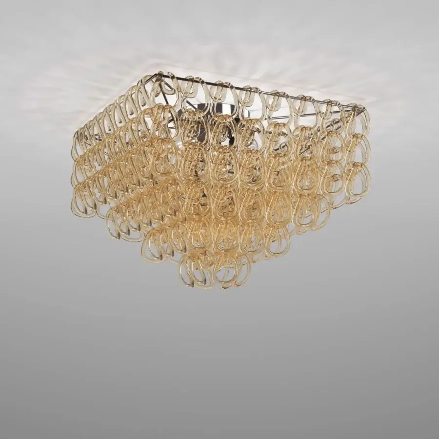 Elegant Vistosi Giogali ceiling lamp crafted in interlocking hand-blown glass with a glossy metallic framework