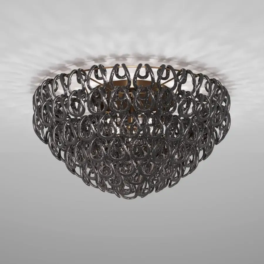 Exceptional Vistosi Giogali ceiling lamp crafted in dark gray interlocking hand-blown glass with a golden metallic core