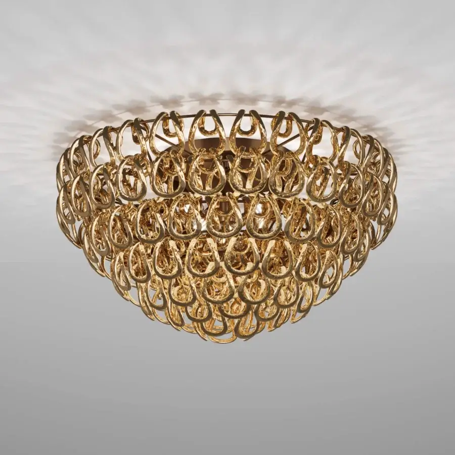 Superior Vistosi Giogali ceiling lamp handcrafted with interlocking hand-blown glass hooks and glossy golden metal finish