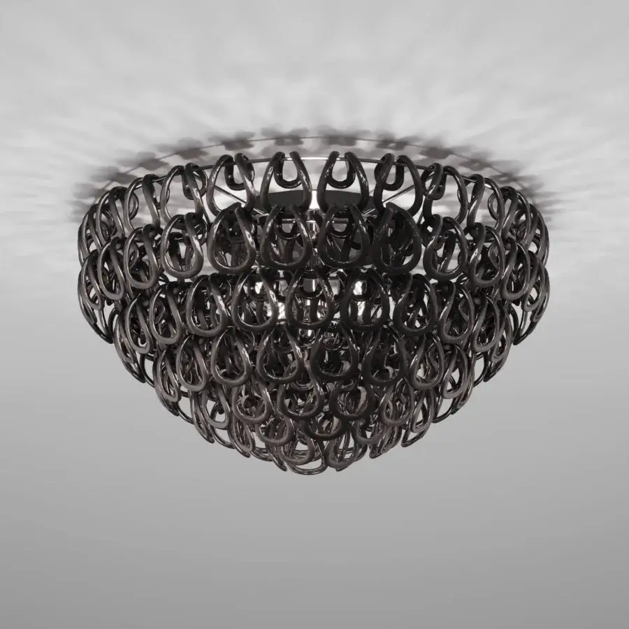 Distinguished Vistosi Giogali ceiling lamp crafted in dark gray metal with an intricate network of interconnected rings and matte finish