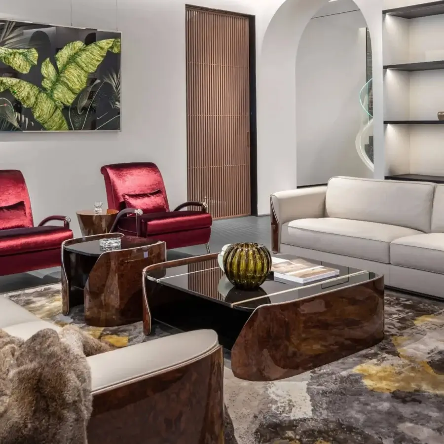 Exceptional Visionnaire Fitzgerald coffee table with curved poplar plywood, black smoked glass and marble top in glossy veneer