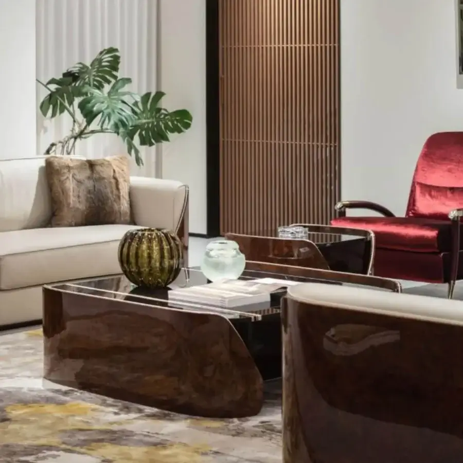 Elegant Visionnaire Fitzgerald coffee table with curved poplar plywood, luminous metal, and recessed marble top in high-gloss finish