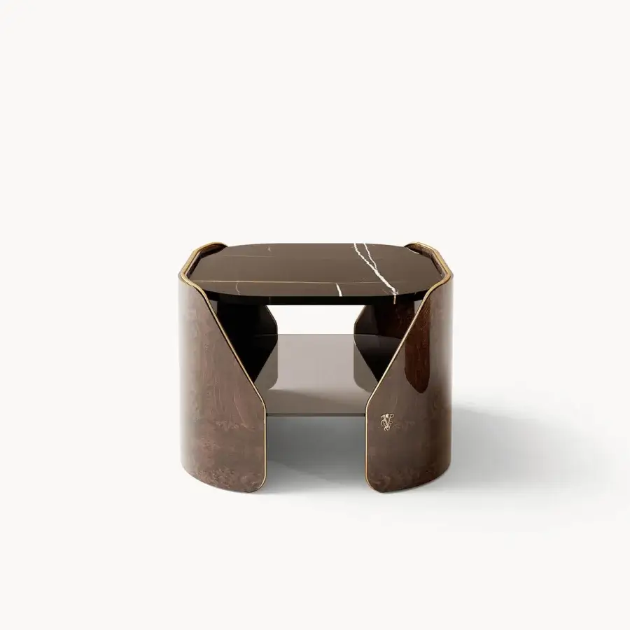 Superior Visionnaire Fitzgerald coffee table with dark marble, glossy poplar plywood, and a smoked glass shelf