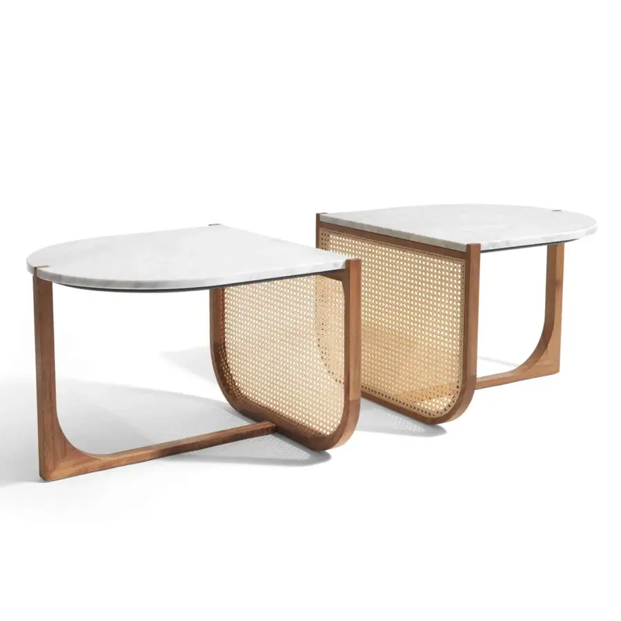 Distinguished Visionnaire Vixen Outdoor coffee table crafted with Carrara marble, solid wood, and woven Wien straw detailing in a matt finish