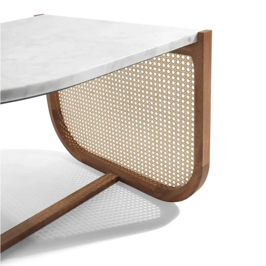 Elegant Visionnaire Vixen Outdoor coffee table crafted with Carrara marble, solid wood, Wien straw, matte finish