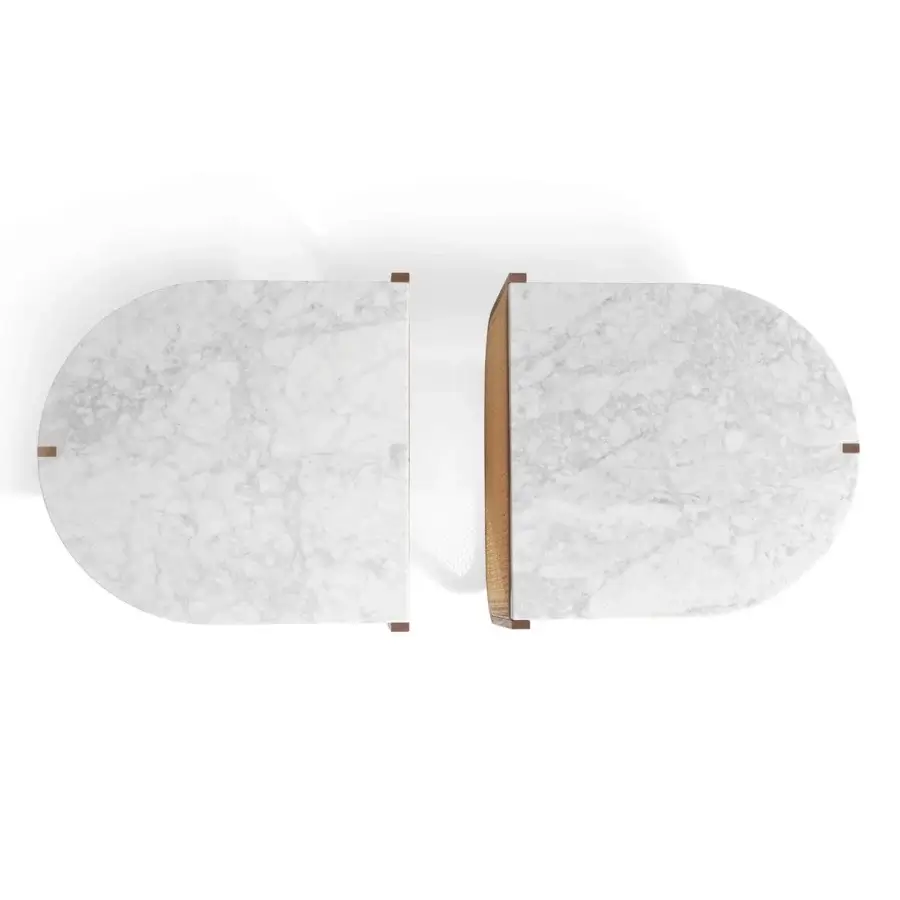 Distinguished Visionnaire Vixen Outdoor coffee table built with Carrara marble, solid wood, and a specialized matt finish