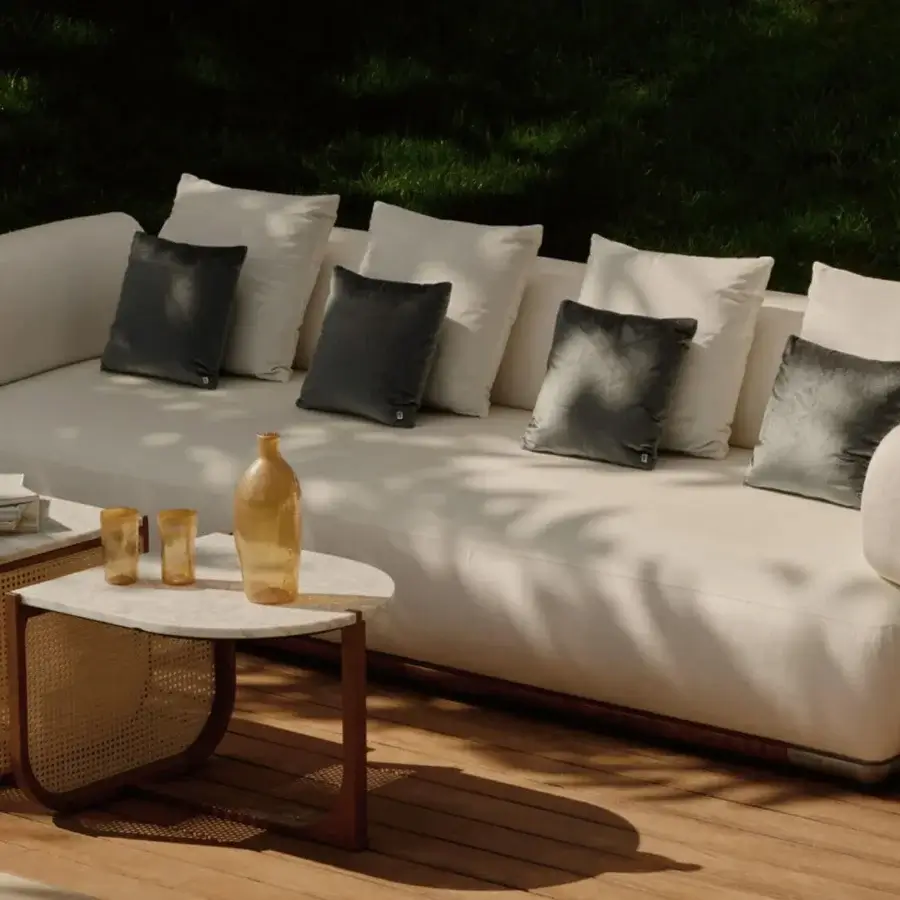 Exceptional Visionnaire Vixen Outdoor coffee table with Carrara marble top and natural Wien straw finished solid wood base