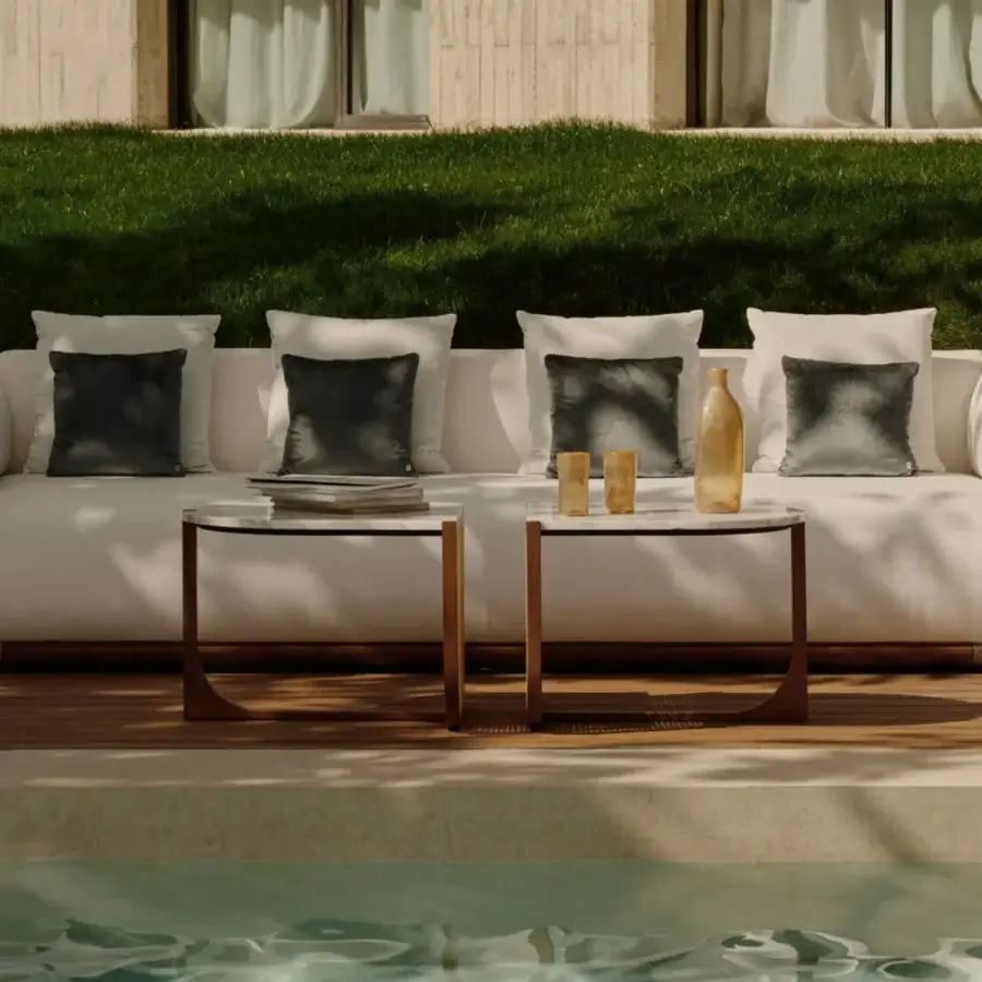 Superior Visionnaire Vixen Outdoor coffee table built with Carrara marble, natural Wien straw, and solid wood