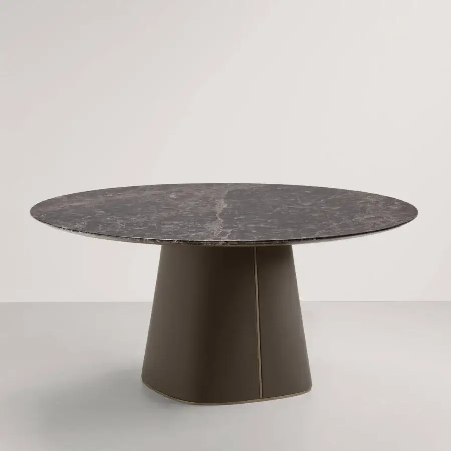 Superior Frag Artù dining table crafted in Italy with dark mottled marble and muted brown leather-upholstered metal detailing