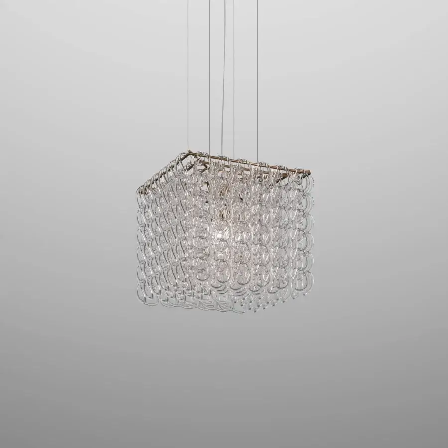 Distinguished Vistosi Giogali Cube suspension lamp with woven clear glass and subtly reflective brass-toned metal frame