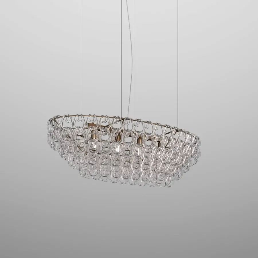 Elegant Vistosi Giogali suspension lamp crafted in light-colored metal with numerous clear glass elements exhibiting a pale gold tone