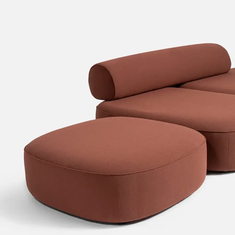 Exceptional Carpanese Home Slow sectional with warm reddish-brown textile upholstery and exposed ash wood supports crafted in Italy
