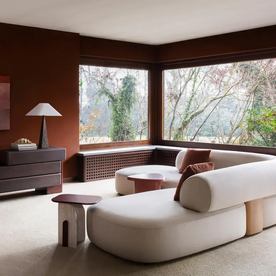 Superior Carpanese Home Slow sectional with smooth off-white textile upholstery and exposed ash wood legs