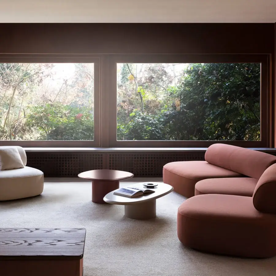 Lavish Carpanese Home Slow sectional with terracotta textile upholstery and exposed ash wood supports
