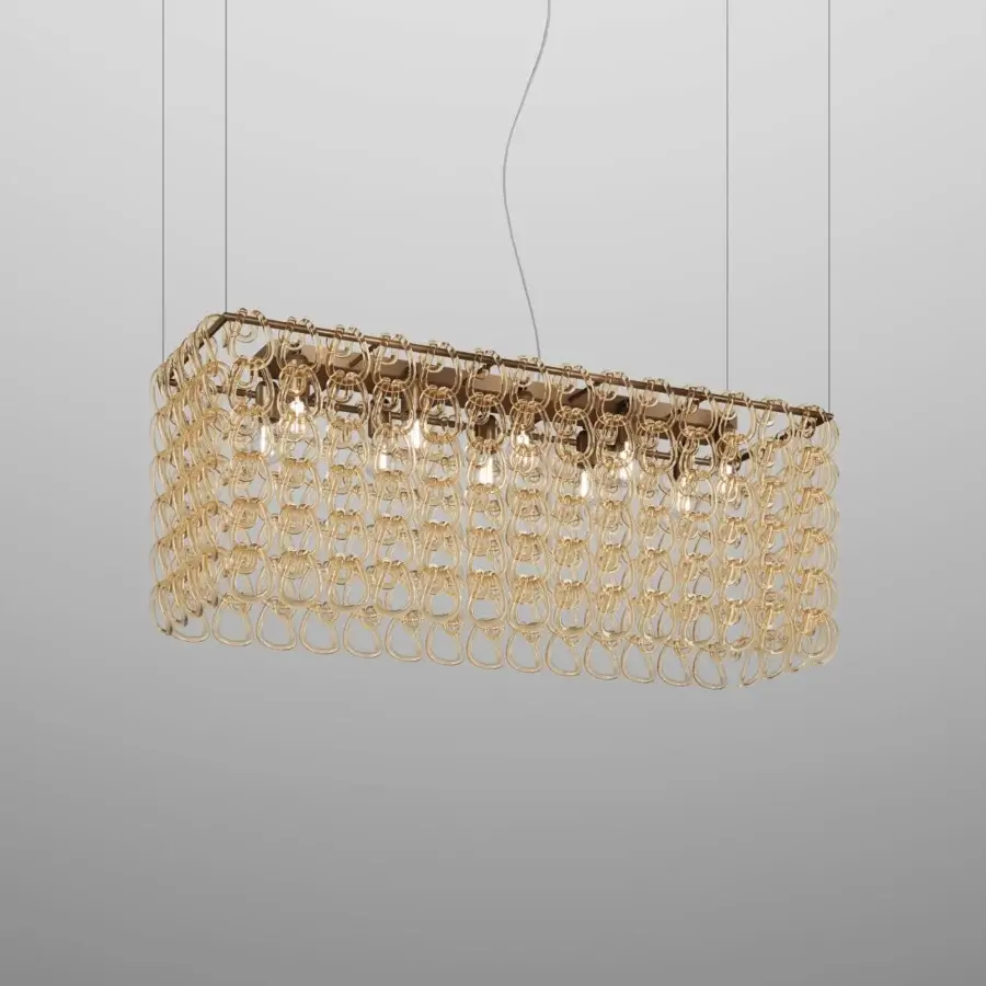 Lavish Vistosi Giogali Cube suspension lamp with ornate metal framework and warm gold finish