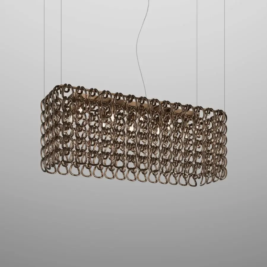 Distinguished Vistosi Giogali Cube suspension lamp with interwoven golden-bronze toned metal rings and a uniform sparkle