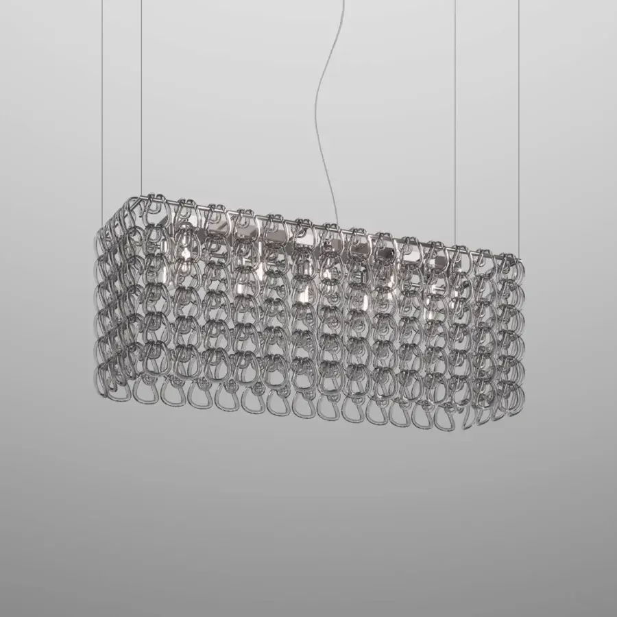 Exceptional Vistosi Giogali Cube suspension lamp crafted in bright polished silver with interconnected metal rings