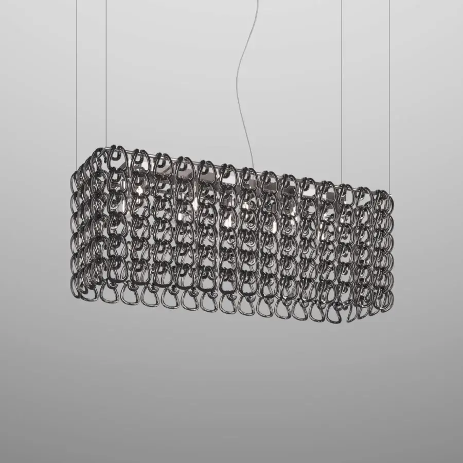Superior Vistosi Giogali Cube suspension lamp built in shiny aluminum with interlocking metal rings and smooth finish