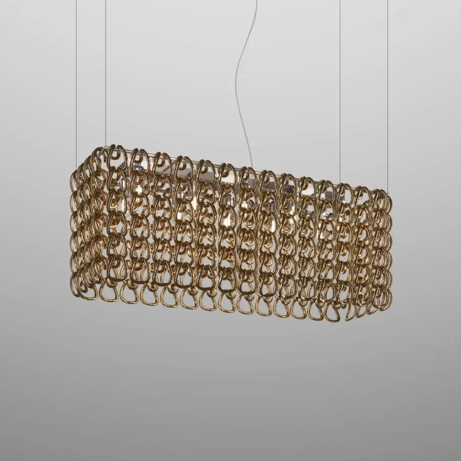 Elegant Vistosi Giogali suspension lamp with interwoven golden metal rings and moderately glossy finish