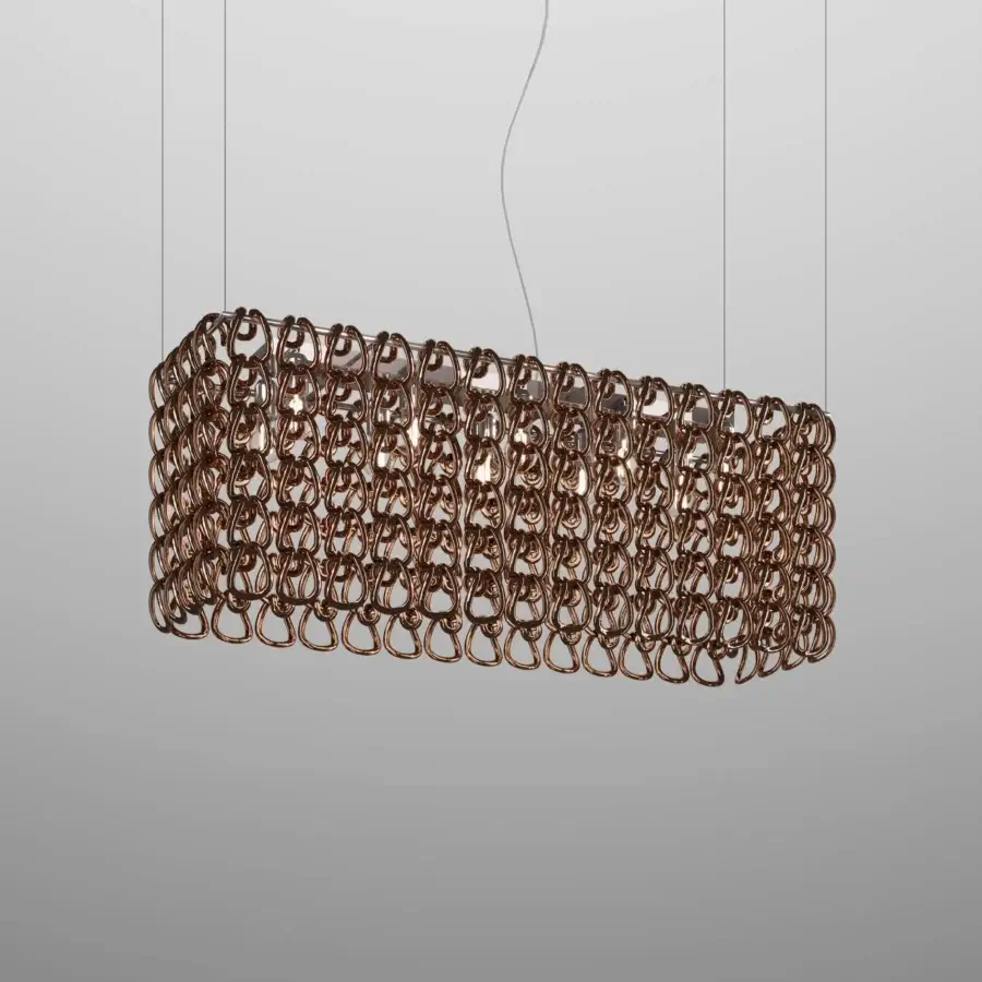 Distinguished Vistosi Giogali Cube suspension lamp crafted in interlocking glass and warm coppery metal with a textured finish