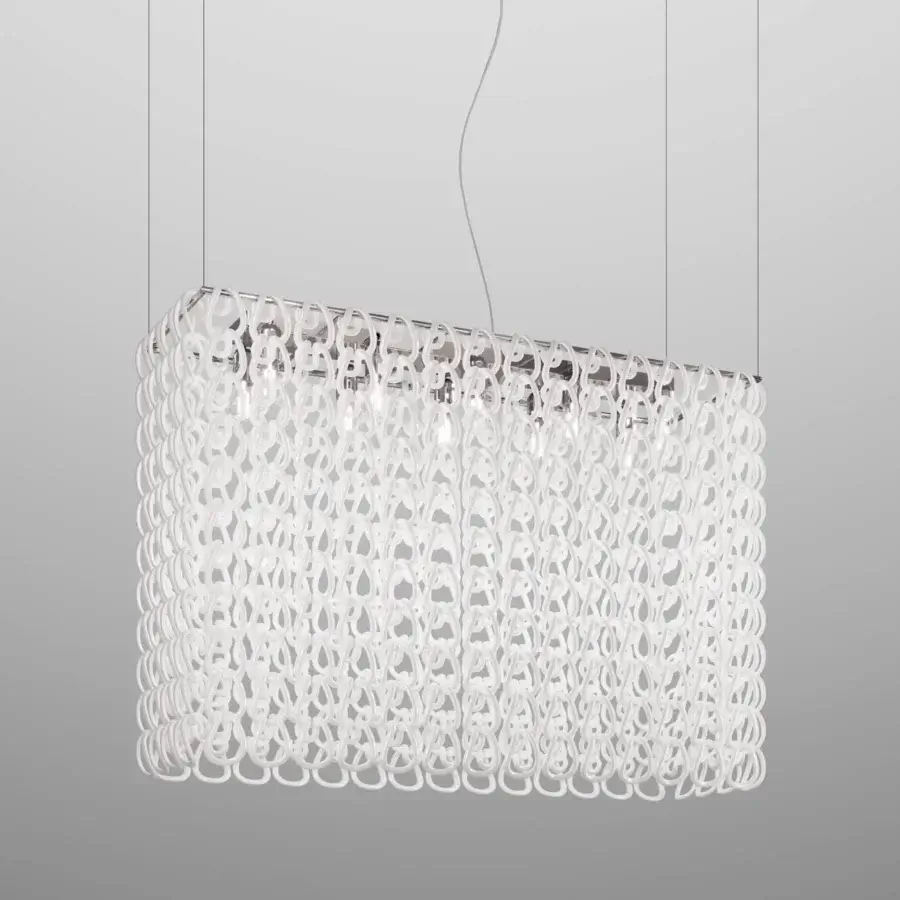 Distinguished Vistosi Giogali Cube suspension lamp handcrafted with interconnected rings in a clean white finish