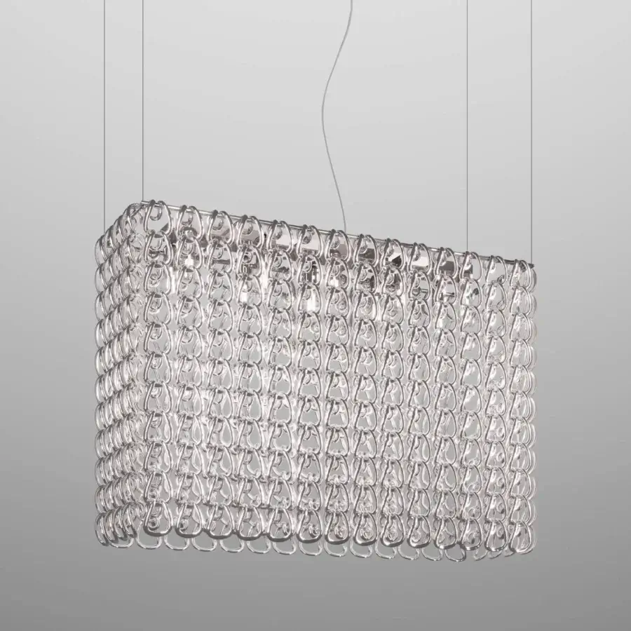 Superior Vistosi Giogali Cube suspension lamp built with interconnected clear glass creating a woven sparkle