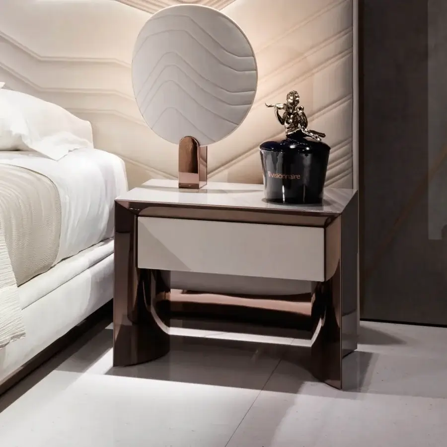 Distinguished Visionnaire Ca' Foscari nightstand with dark brown exterior and creamy-white inset drawers crafted with curved stainless steel and high-gloss lacquer