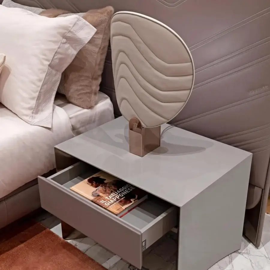 Superior Visionnaire Ca' Foscari nightstand in light grey with a glossy, hand-polished lacquer and curved stainless steel frame
