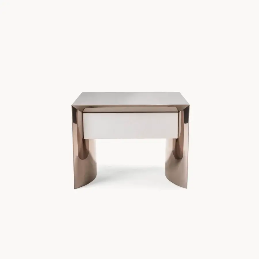 Distinguished Visionnaire Ca' Foscari nightstand crafted in bronzy-rose lacquer with a curved stainless steel internal frame and glossy finish