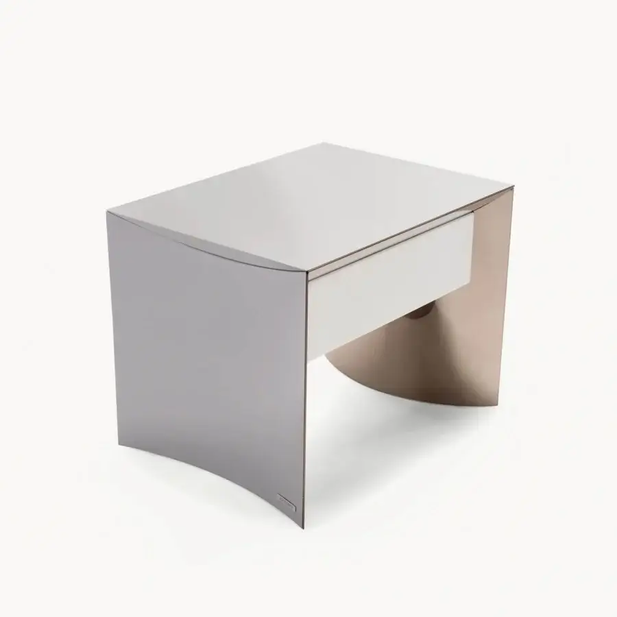 Elegant Visionnaire Ca' Foscari nightstand with curved silhouette and glossy silver-grey lacquer finish built with stainless steel
