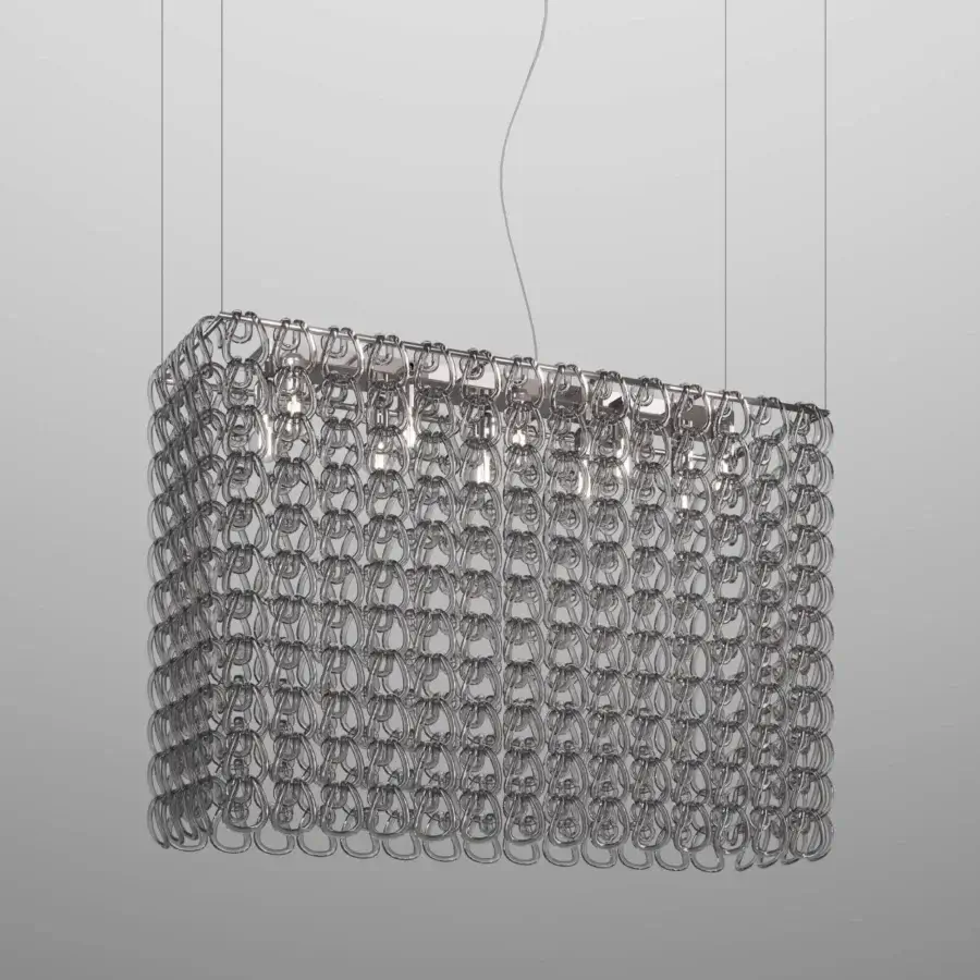 Superior Vistosi Giogali Cube suspension lamp with interconnected silver-toned metal rings and sophisticated satin finish