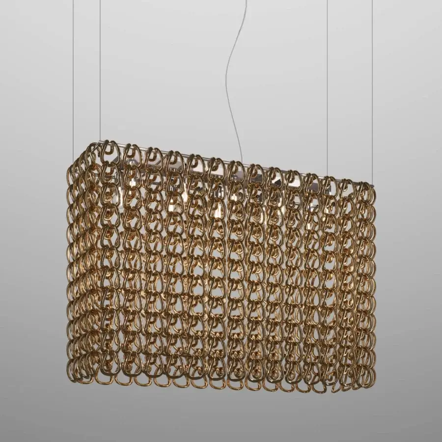 Exceptional Vistosi Giogali Cube suspension lamp with interconnected golden metal rings and warm textured finish