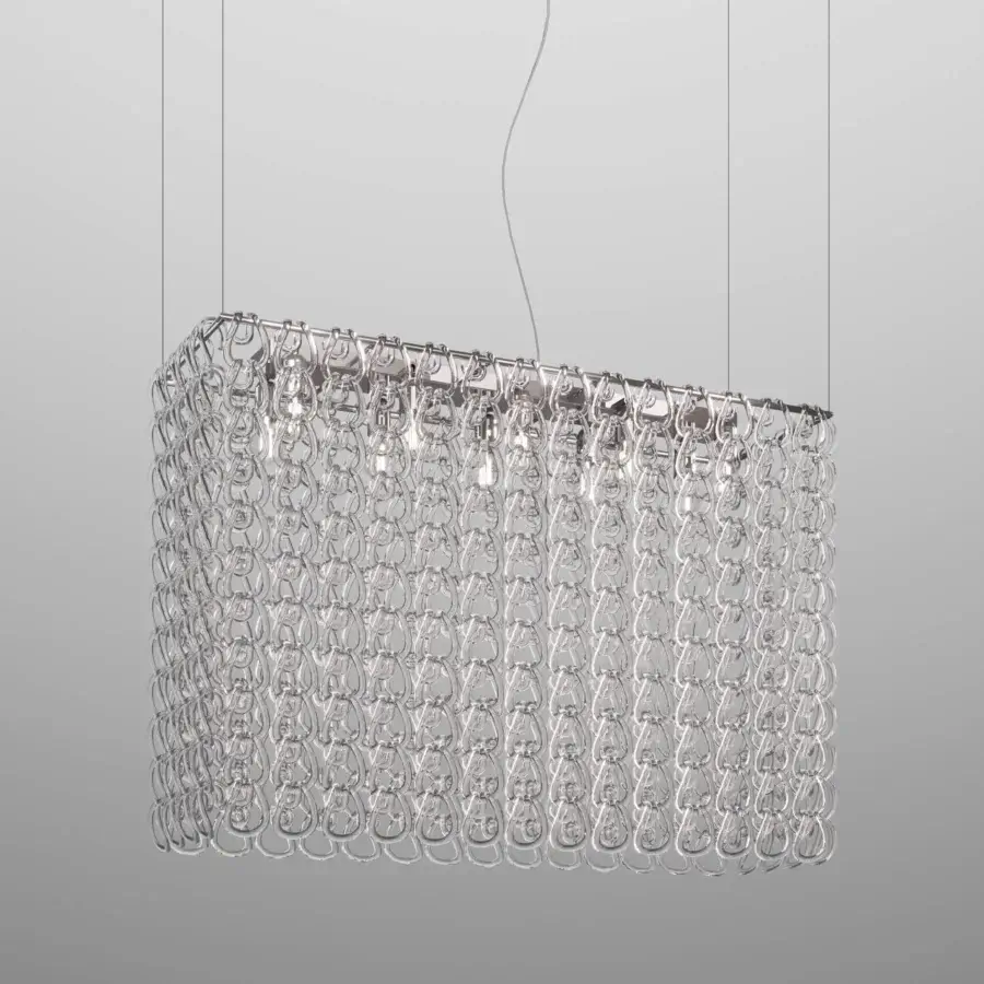 Superior Vistosi Giogali Cube suspension lamp with woven glass curtain and silver-toned metallic structure offering a glossy finish