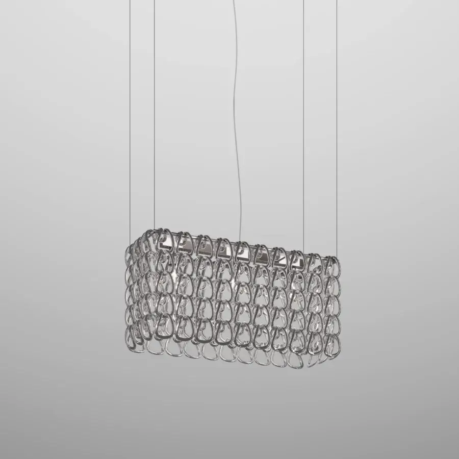 Elegant Vistosi Giogali Cube suspension lamp with interconnected metal rings in polished glossy silver finish