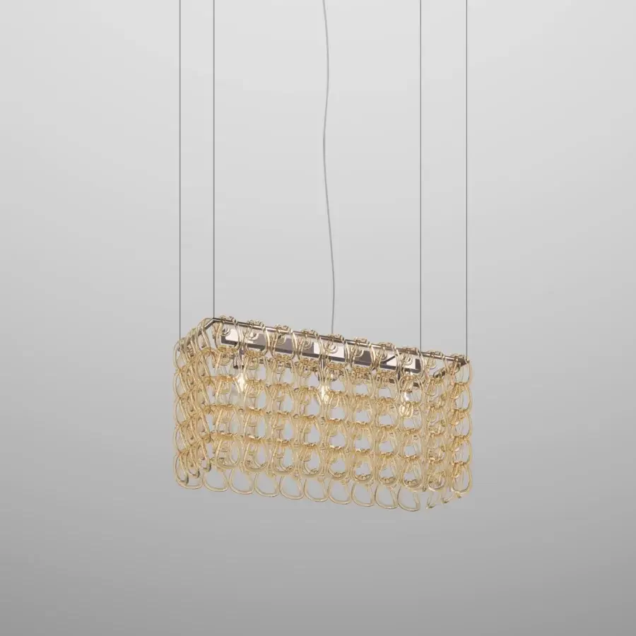 Superior Vistosi Giogali Cube suspension lamp crafted in golden metal with a dynamic interconnected ring structure