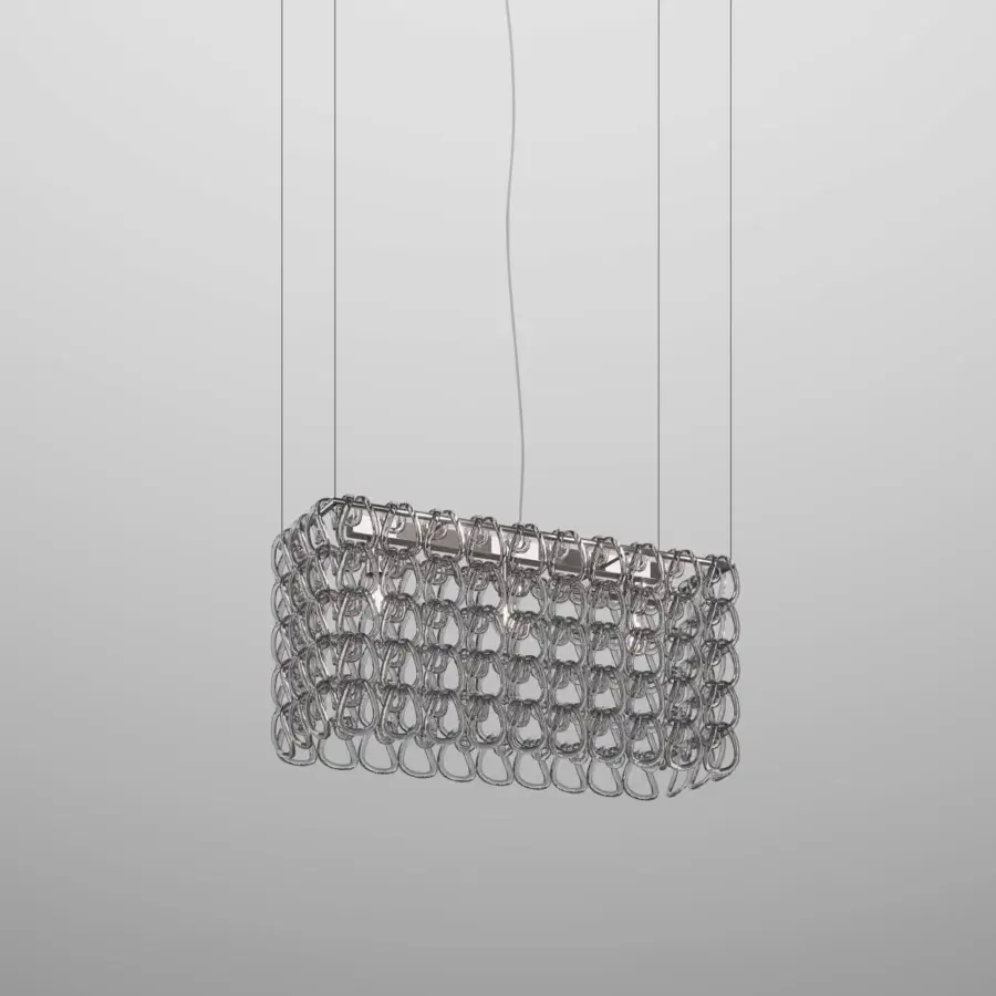 Exceptional Vistosi Giogali Cube suspension lamp built with interconnected polished silver metal rings creating a captivating sparkle