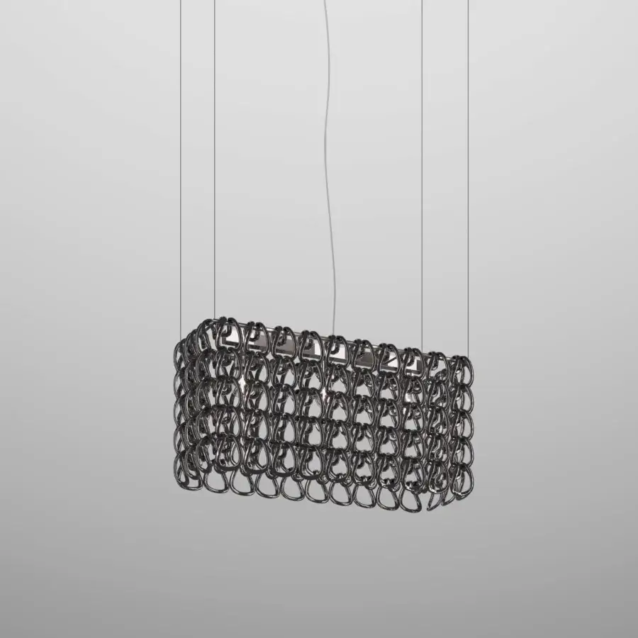 Luxury Vistosi Giogali Cube suspension lamp with interconnected rings in glossy muted silver metal construction